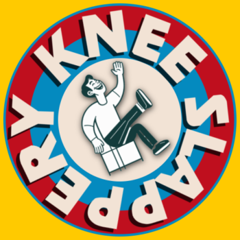 Cartoon-style logo featuring a man laughing and slapping his knee while falling backward off a box. The words “KNEE SLAPPER” are written in bold, red and white 3D letters around the circular border on a blue and red background, with a bright yellow outer frame.